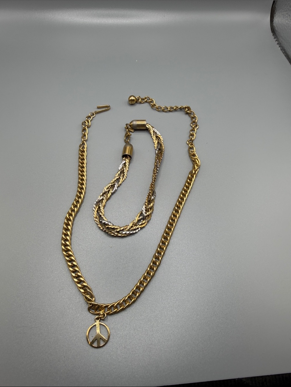 Gold Tone Peace Sign Necklace and Bracelet Set